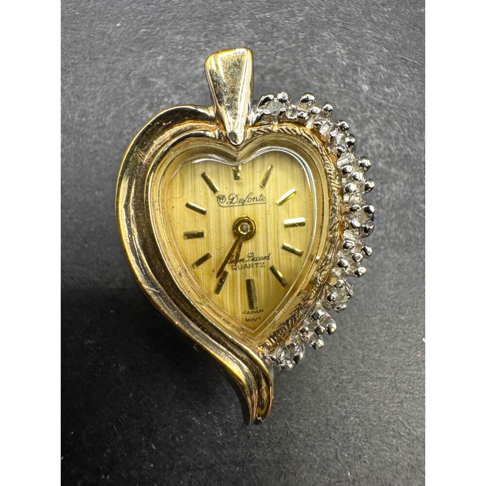 Vtg Dufonte by LP Ladies Heart Quartz Watch Pendant Diamond Gold Tone 19mm